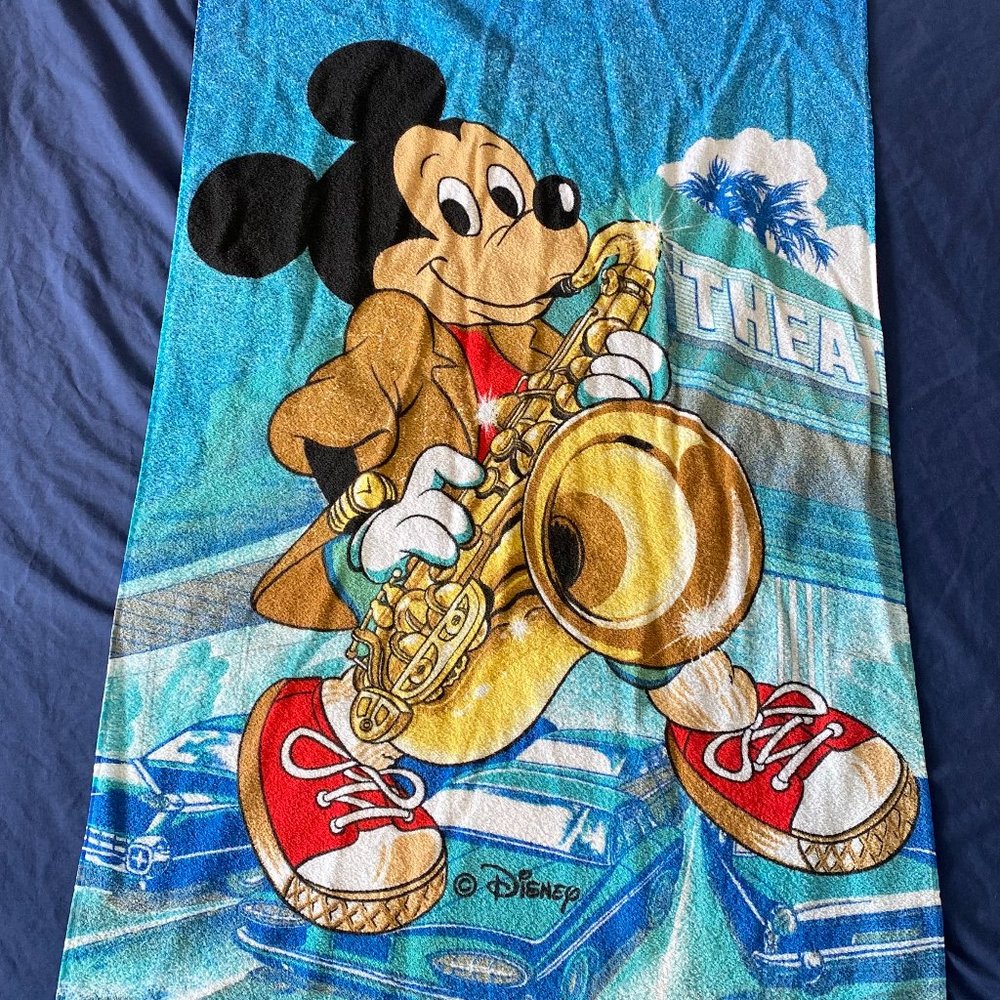 Vintage Disney Mickey Mouse Saxophone Cotton Towel, Retro Kids Beach Bath Towel